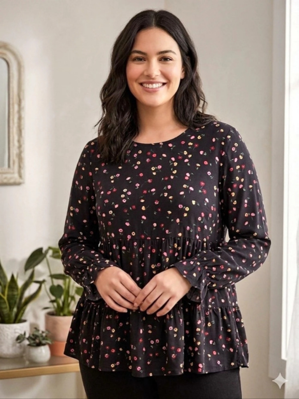 POPSUGAR Floral Long Sleeve Blouse in Black & Pink Size XL Like New